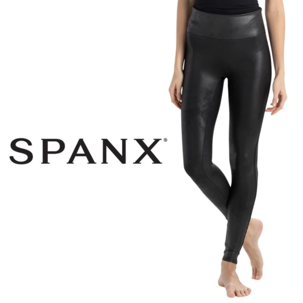 SPANX Black Faux Leather Leggings Sz S High Waisted Shaping Slimming Streetwear
